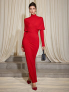 Red Ribbed Cross Wrap Turtleneck Midi Dress|NOOSGOP