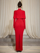 Red Ribbed Cross Wrap Turtleneck Midi Dress|NOOSGOP