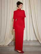 Red Ribbed Cross Wrap Turtleneck Midi Dress|NOOSGOP