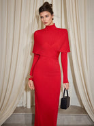 Red Ribbed Cross Wrap Turtleneck Midi Dress|NOOSGOP