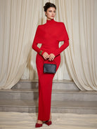 Red Ribbed Cross Wrap Turtleneck Midi Dress|NOOSGOP