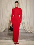 Red Ribbed Cross Wrap Turtleneck Midi Dress|NOOSGOP