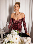 Red Sequin Pattern Evening Maxi Dress|NOOSGOP