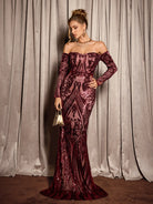 Red Sequin Pattern Evening Maxi Dress|NOOSGOP