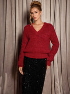 Red V-Neck Elegant Daily Knit Sweater|NOOSGOP
