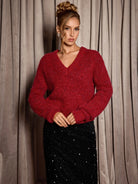 Red V-Neck Elegant Daily Knit Sweater|NOOSGOP