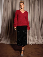 Red V-Neck Elegant Daily Knit Sweater|NOOSGOP