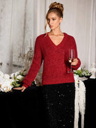 Red V-Neck Elegant Daily Knit Sweater|NOOSGOP