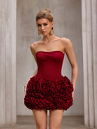 Red fluffy strapless mini dress|NOOSGOP