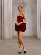 Red fluffy strapless mini dress|NOOSGOP