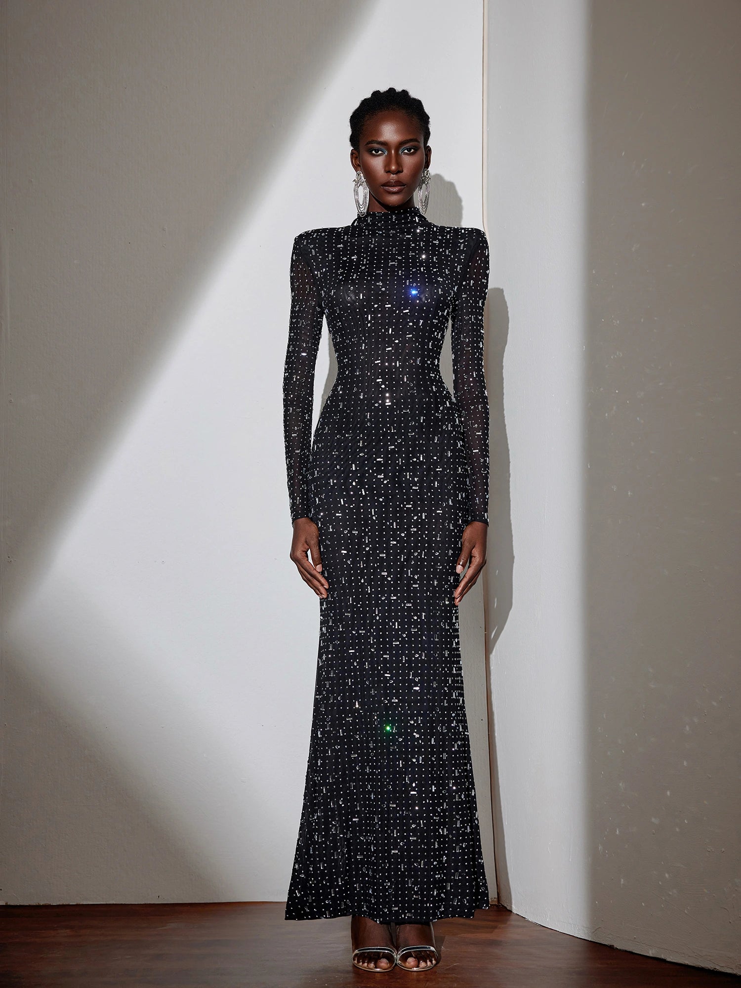 Rhinestone Mesh Fitted Maxi Dress|NOOSGOP