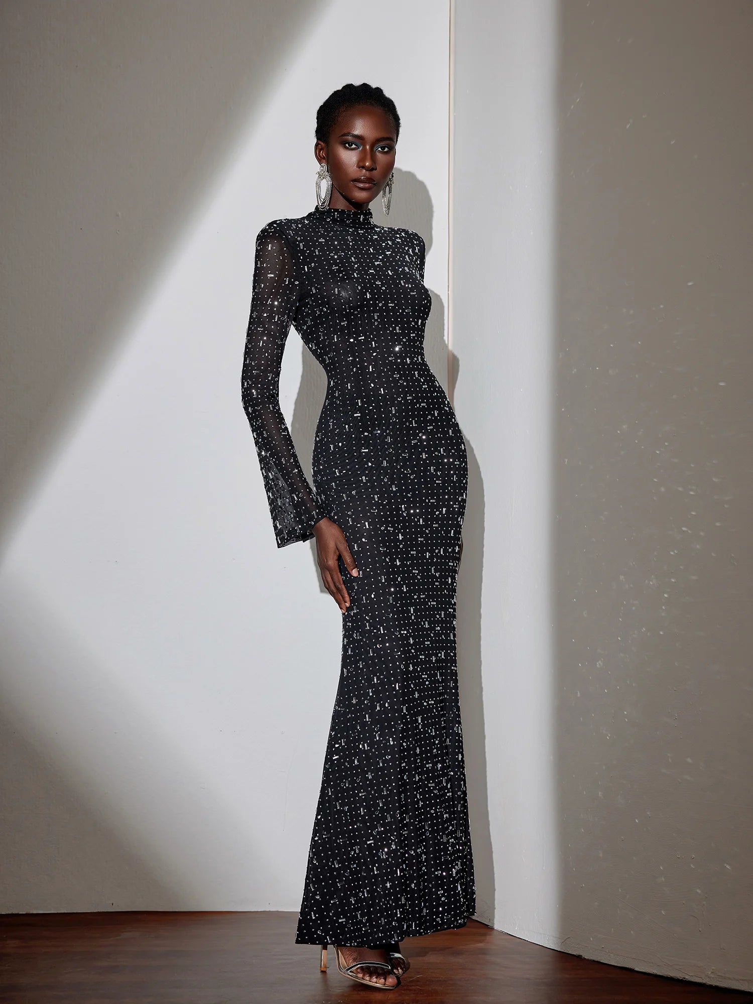 Black Evening Dress – Sheer Mesh with Diamond Embellishments – Noosgop