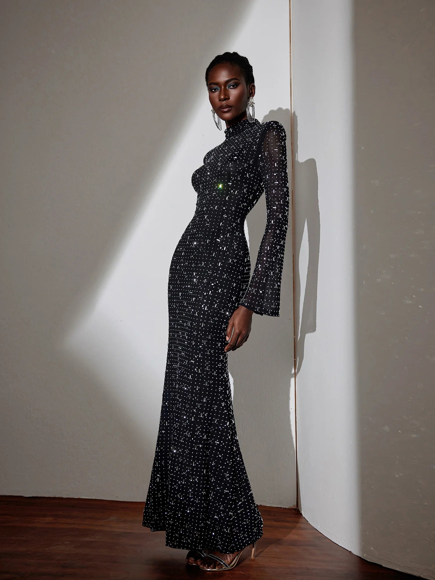 Black Evening Dress – Sheer Mesh with Diamond Embellishments – Noosgop