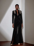 Rhinestone V-Neck Blazer and Slit Pants Two-Piece Set|NOOSGOP