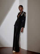 Rhinestone V-Neck Blazer and Slit Pants Two-Piece Set|NOOSGOP