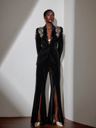 Rhinestone V-Neck Blazer and Slit Pants Two-Piece Set|NOOSGOP