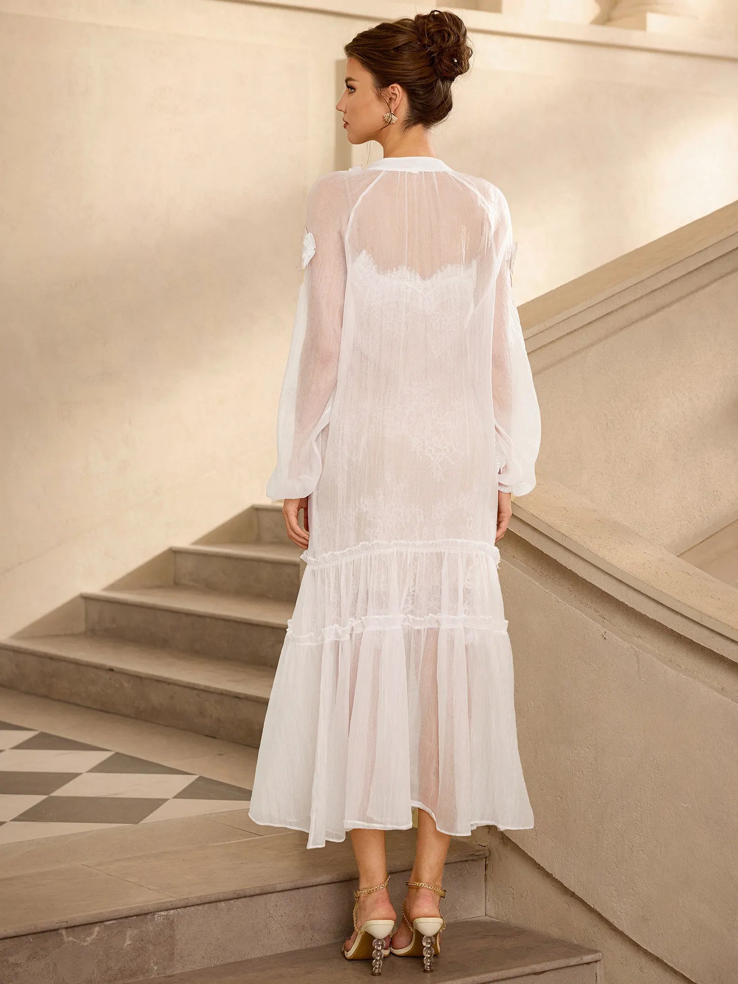 Romantic White Mesh Flower Maxi Dress|NOOSGOP