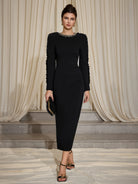 Round Neck Pleated Slim Fit Midi Dress|NOOSGOP