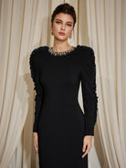 Round Neck Pleated Slim Fit Midi Dress|NOOSGOP