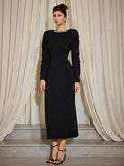 Round Neck Pleated Slim Fit Midi Dress|NOOSGOP