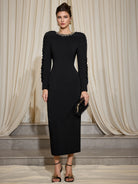 Round Neck Pleated Slim Fit Midi Dress|NOOSGOP