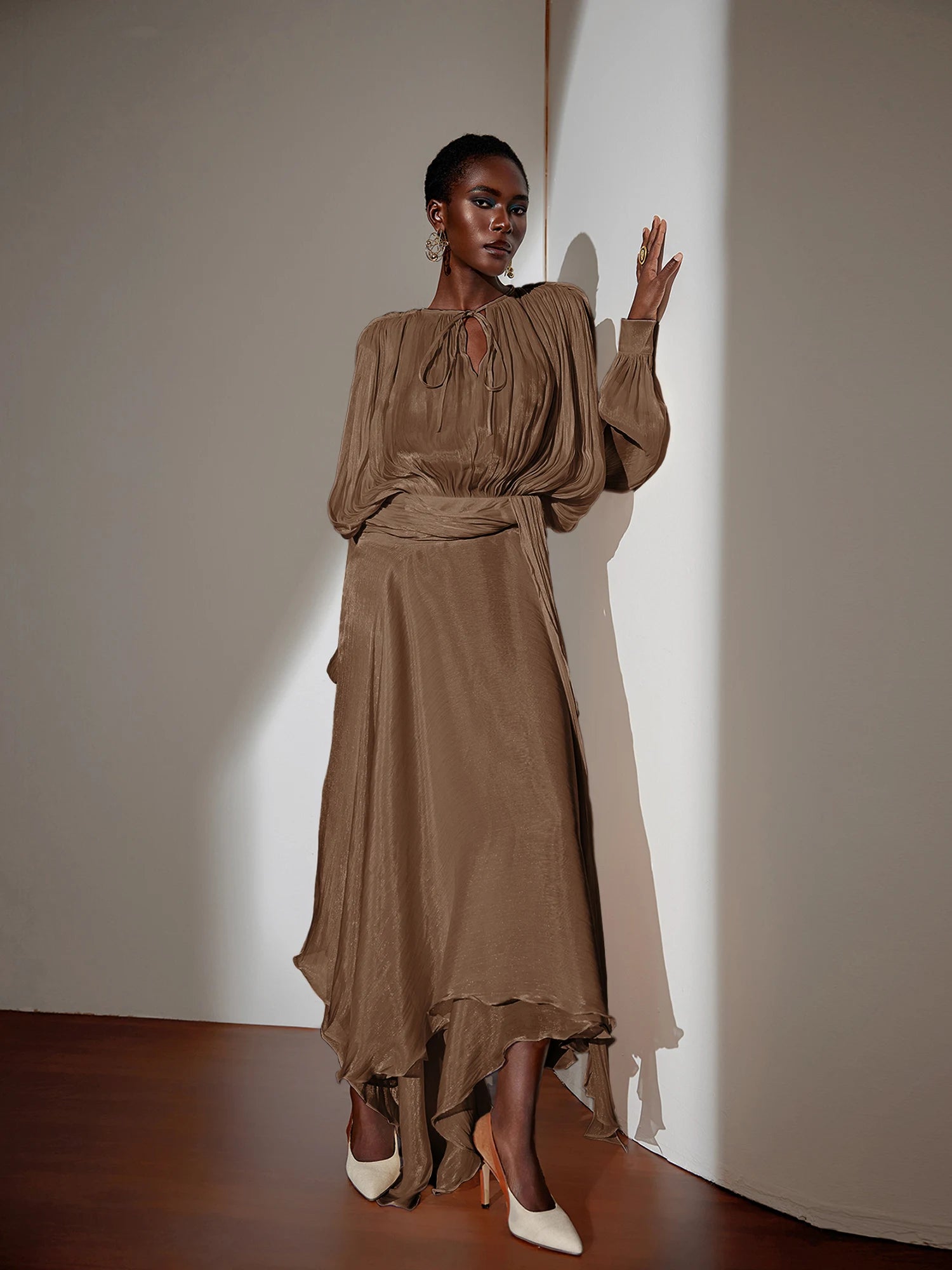 Brown Satin Tie-Strap Maxi Dress Crimson Wine / L