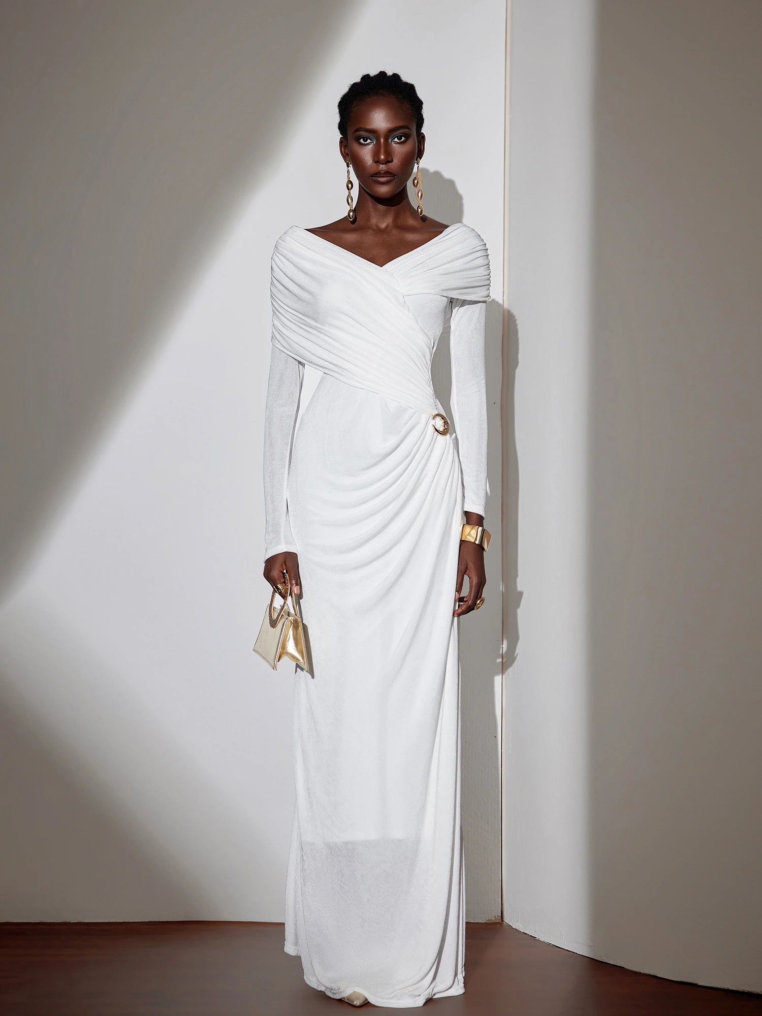 Solid-color Ruched Bodycon Maxi Dress White / XS