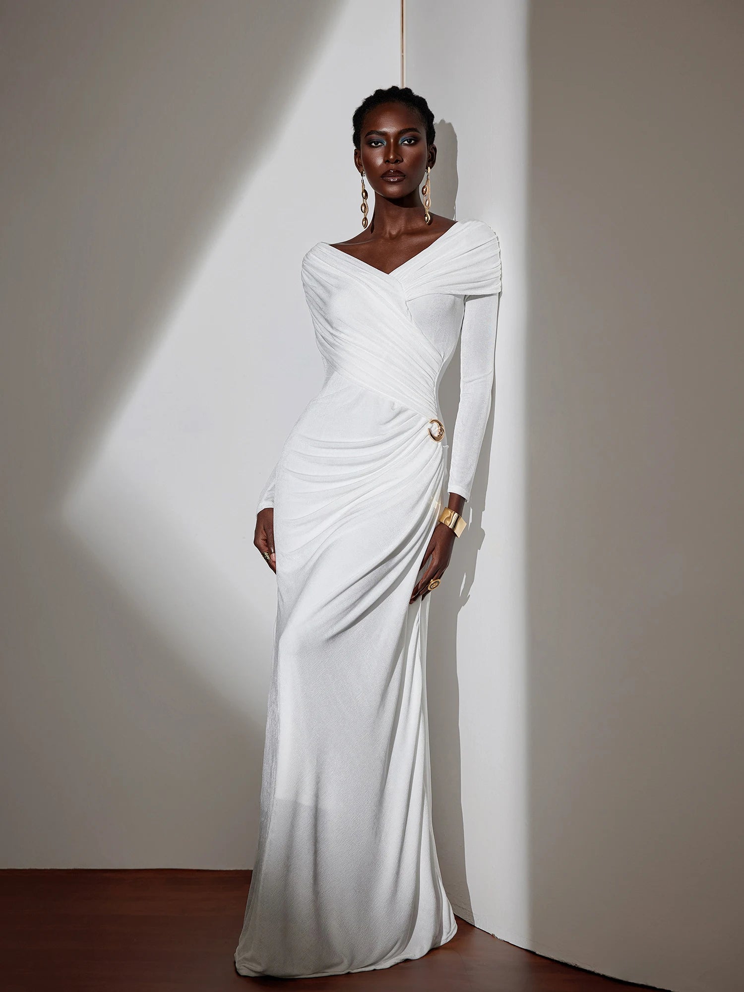 Solid-color Ruched Bodycon Maxi Dress White / XS