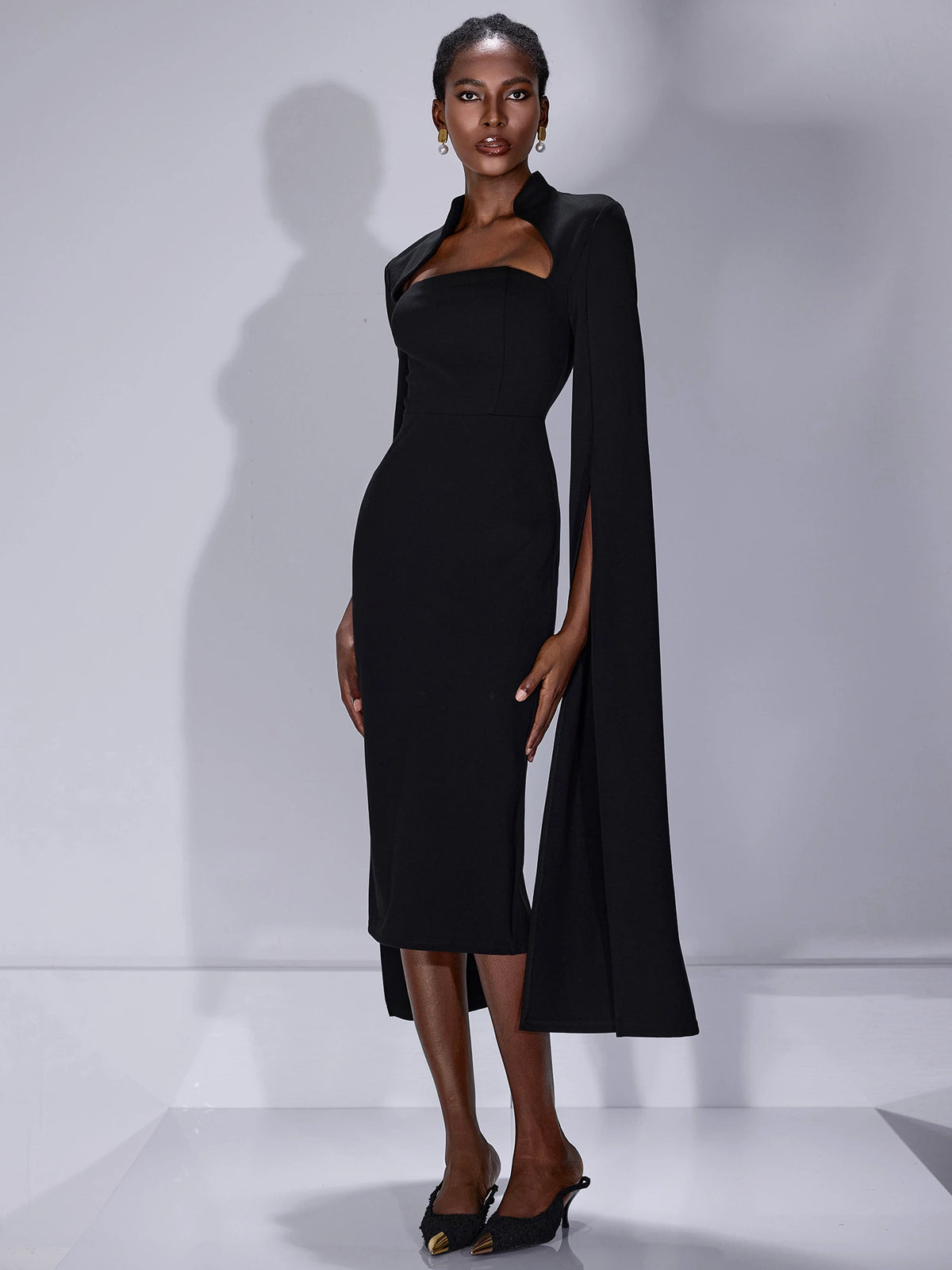 pleated cape sleeve bodycon elegant midi dress Split Sleeves Black / S Beller Long Sleeve Mini INSTOCK-DRESS-OPTION Breathable and elastic Ribbon Color:Silver & Grey
