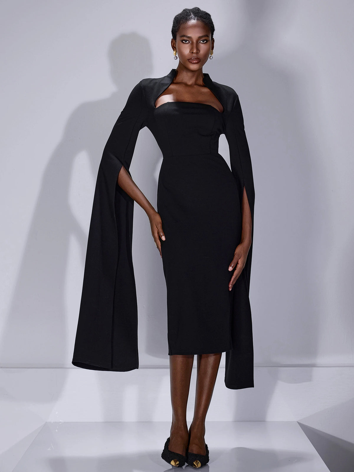 cape bodycon dress Split Sleeves Midi Sister Wives' Christine Brown brown pant Maxi dress with 52L Sheer cape panels Select Pant Waist Size:32