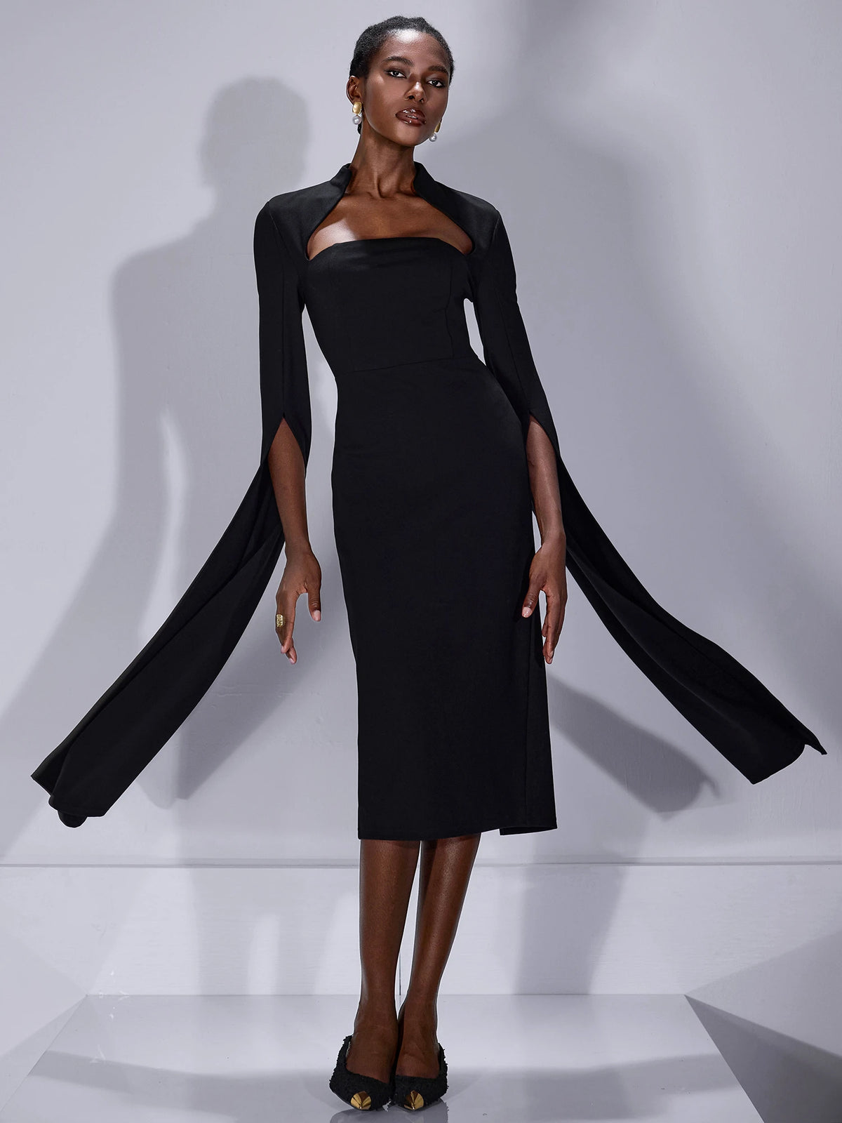 cape sleeve midi dress Split Sleeves Black / XS Color:Cinderella Split hemline Target's Swim Dresses Deliver Clearance:Yes