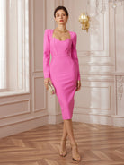 Square-Neck Bullhorn-Sleeve Boned Midi Dress|NOOSGOP