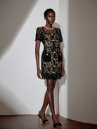Square Neck Patterned Mesh Mini Dress|NOOSGOP