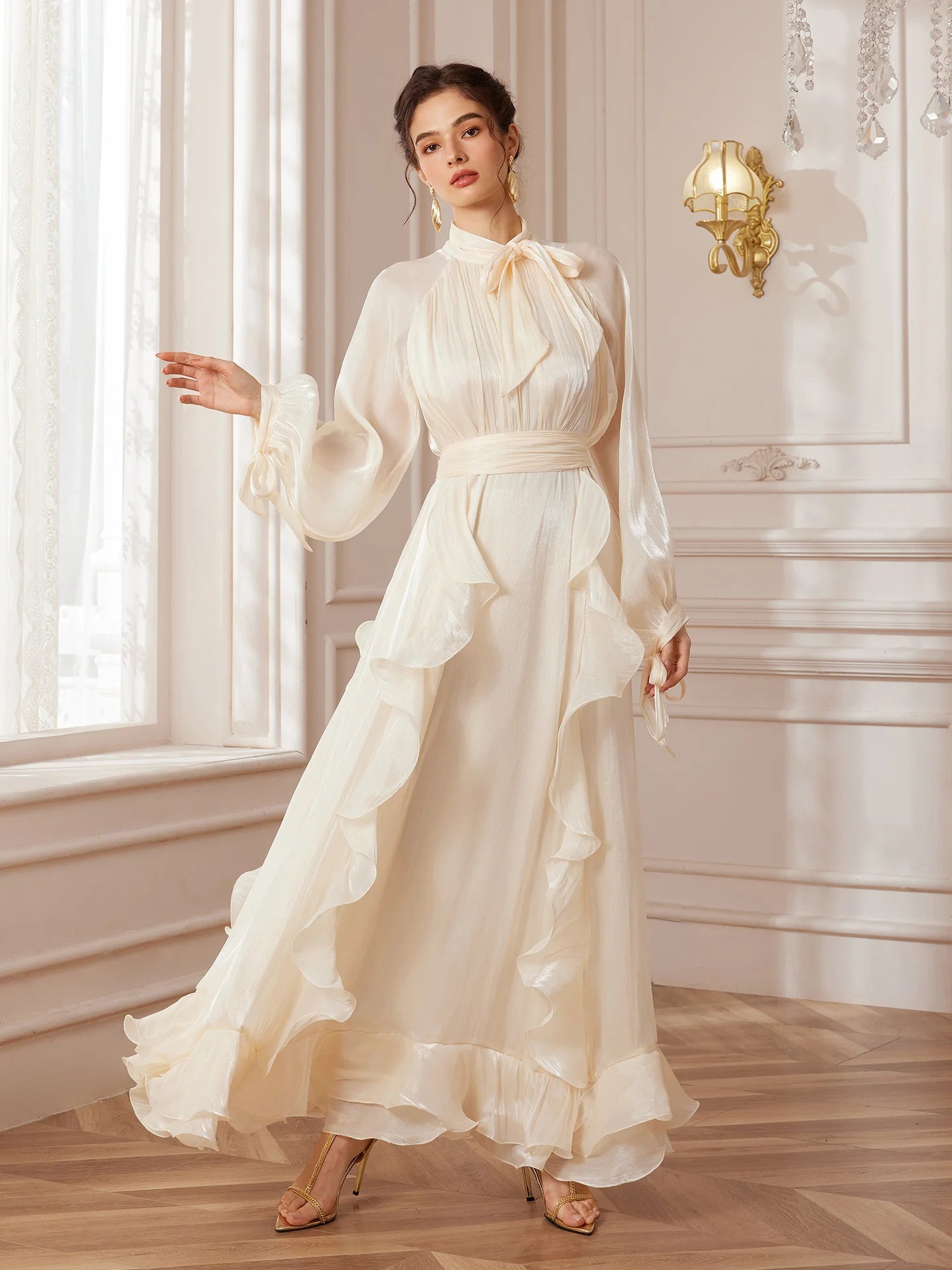 Silky Stand-Collar Lantern-Sleeve Maxi Dress for Vacation Elegance – Noosgop