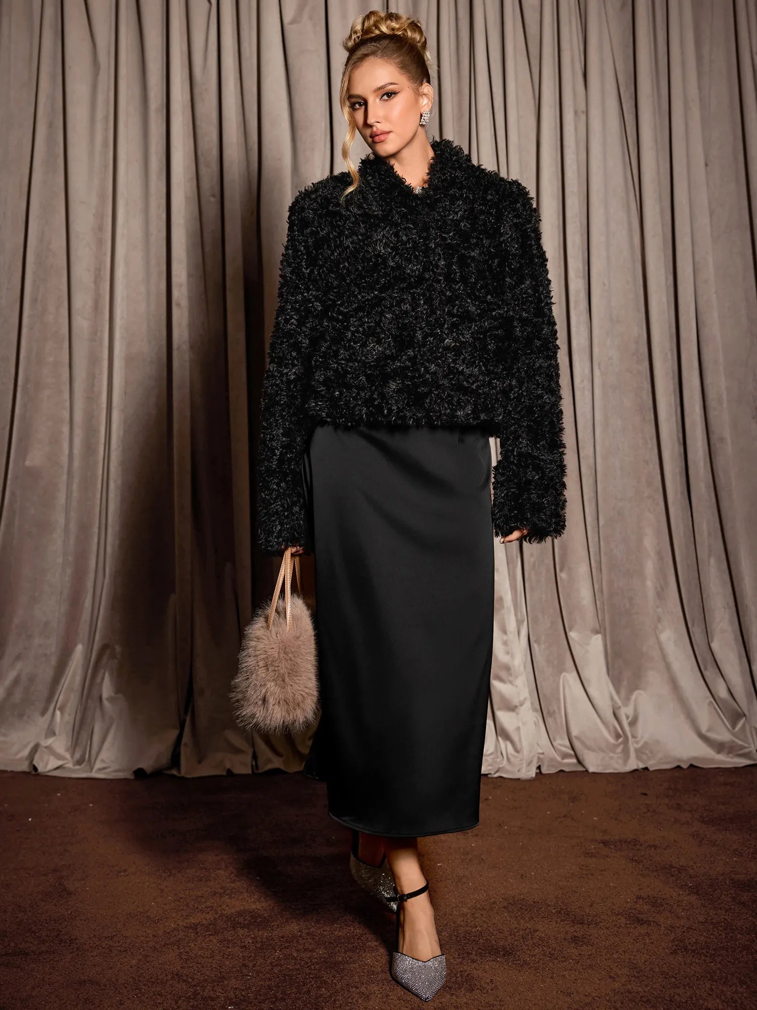 Stylish Black Plush Cropped Coat|NOOSGOP