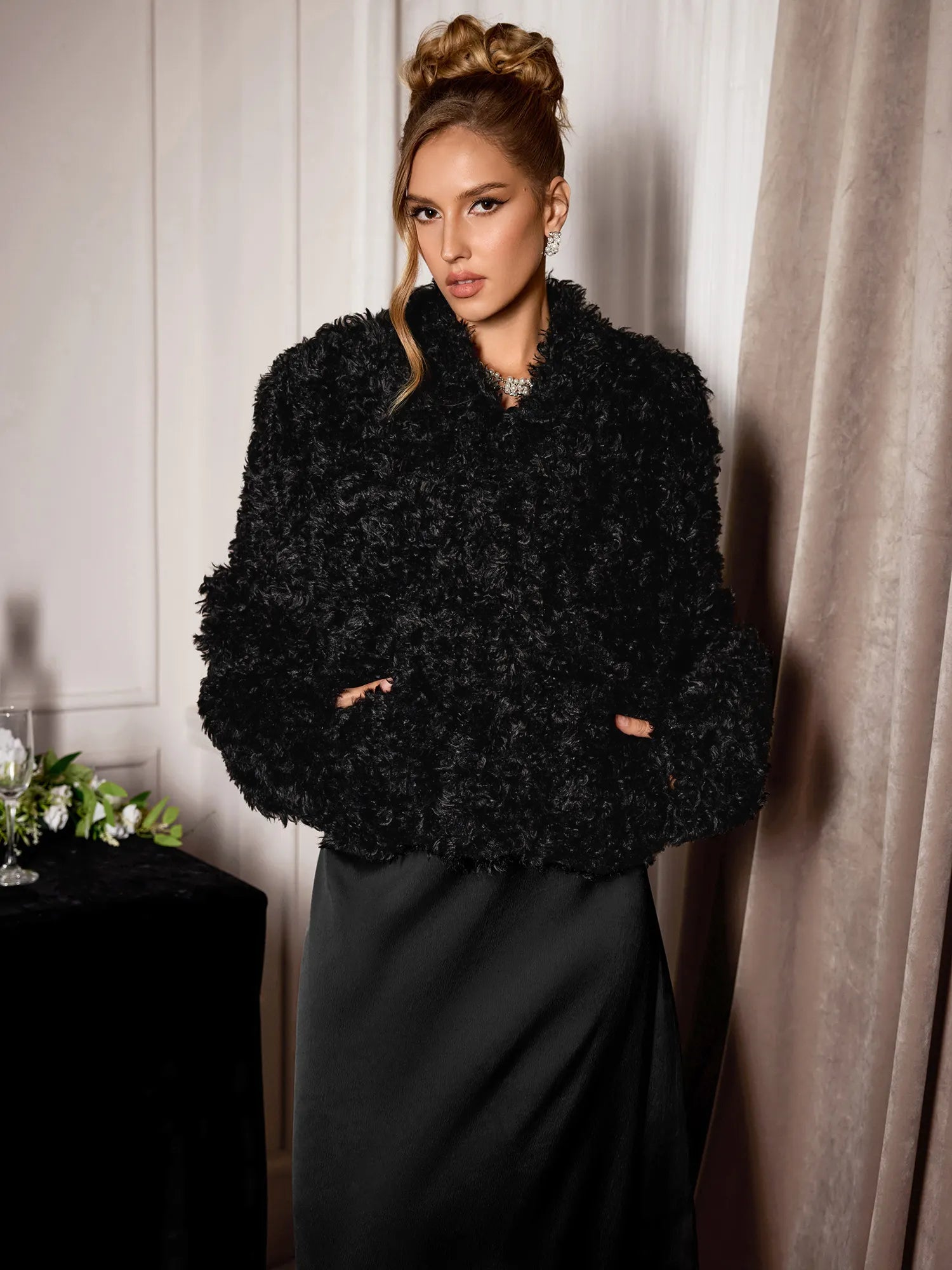 Stylish Black Plush Cropped Coat|NOOSGOP