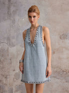 V-Neck Denim Sleeveless Mini Dress|NOOSGOP