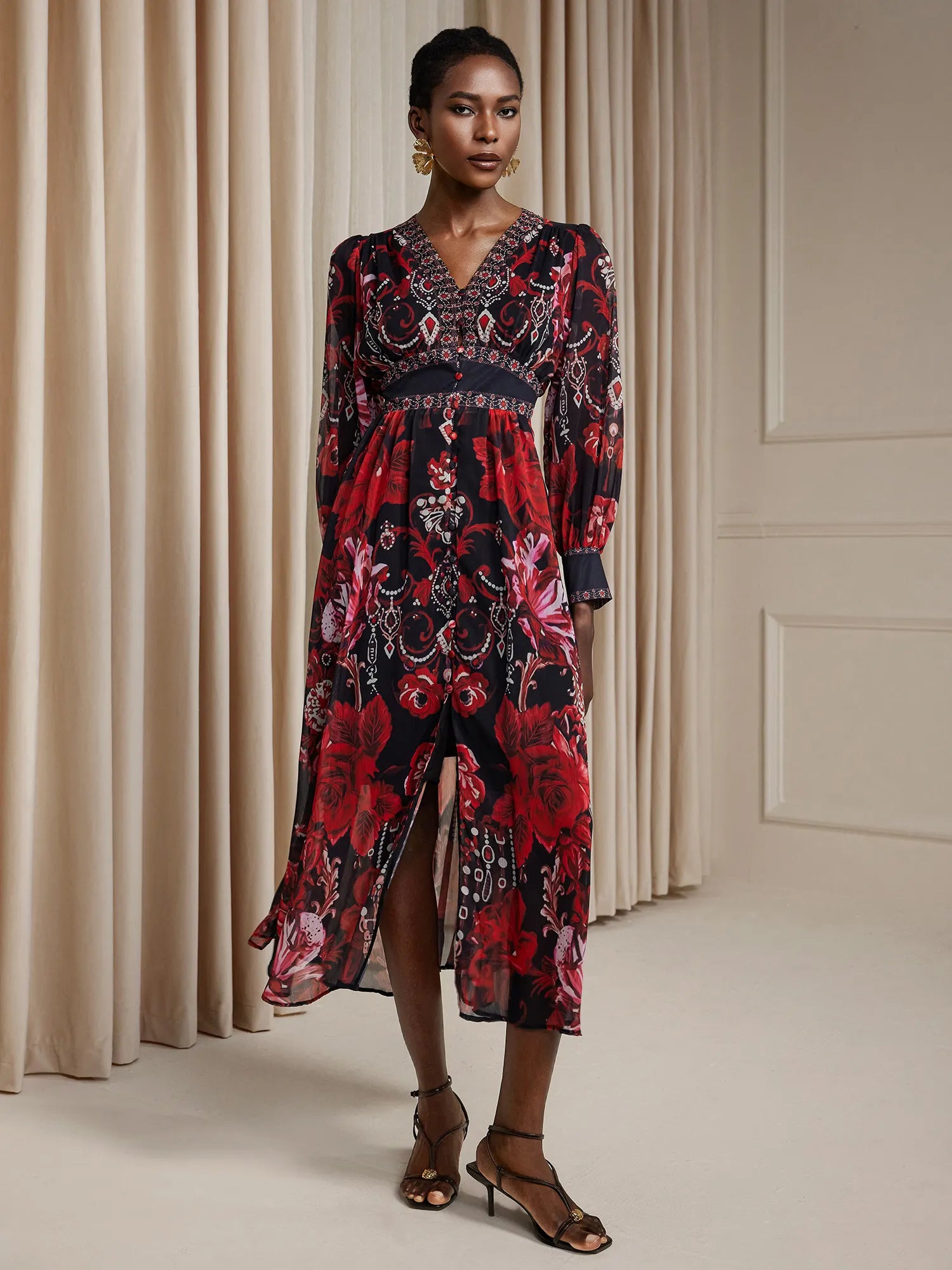 V-Neck Printed Vintage Midi Dress|NOOSGOP