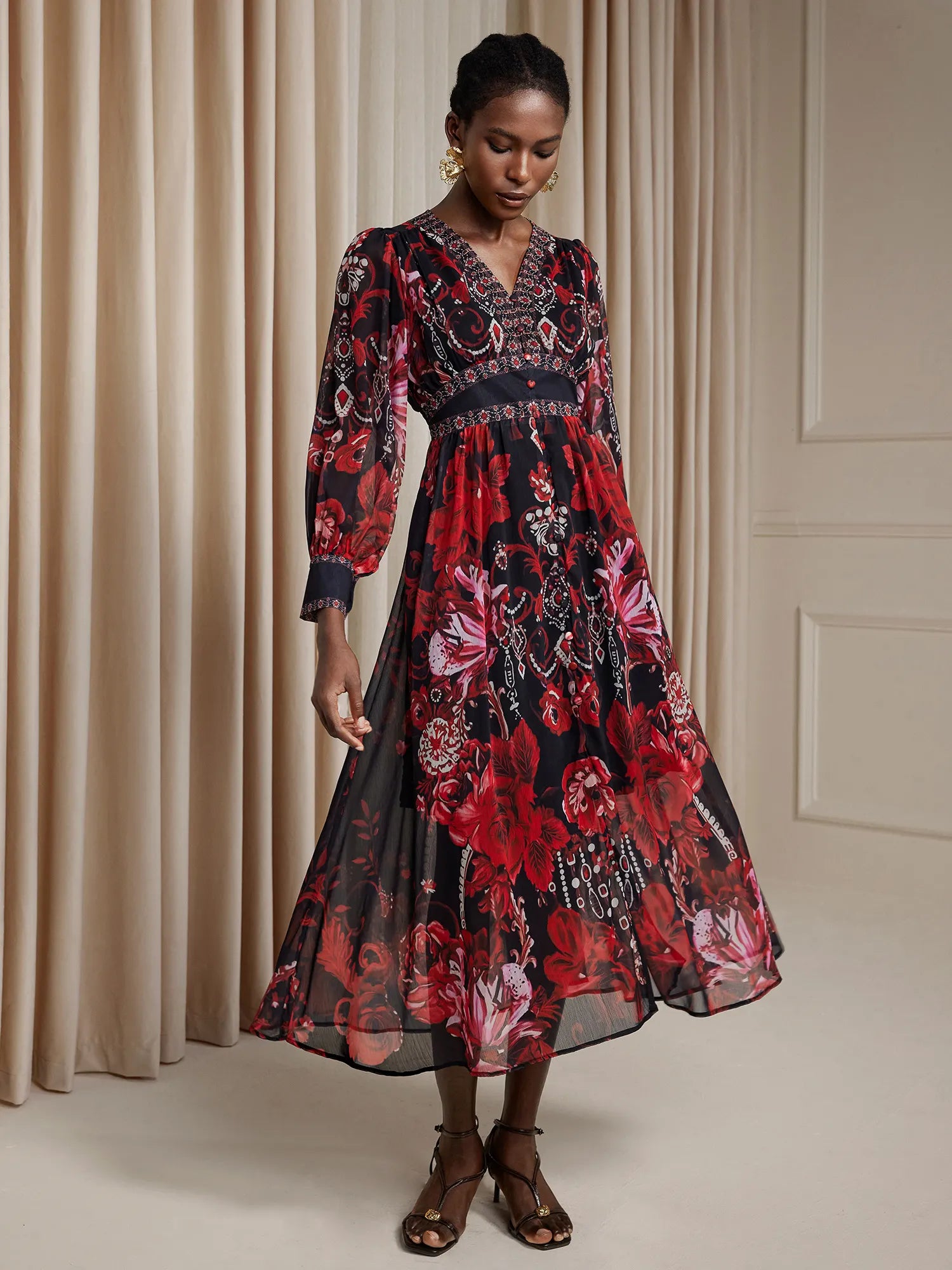 V-Neck Printed Vintage Midi Dress|NOOSGOP
