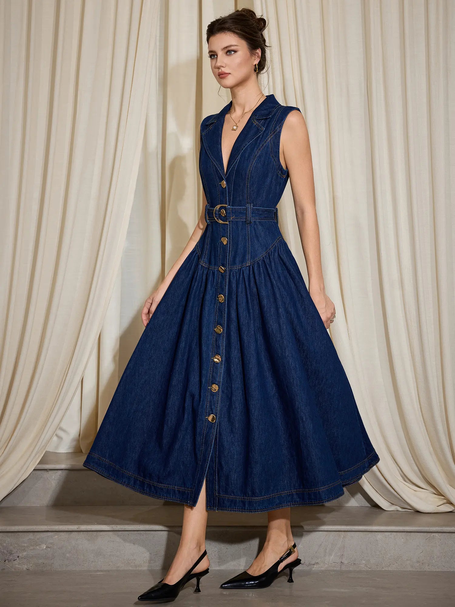 V-Neck Sleeveless Denim Dress|NOOSGOP