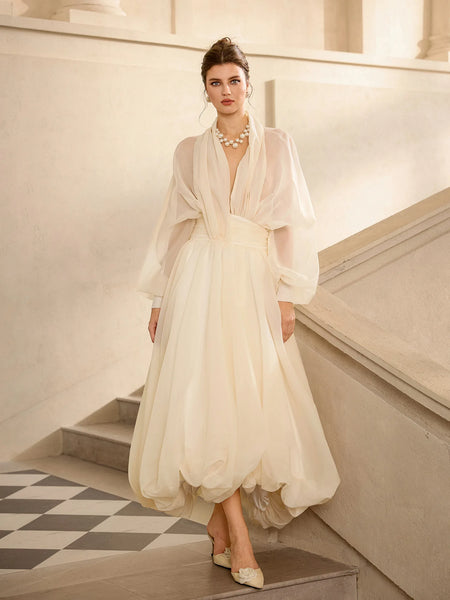 White Vintage Balloon Sleeve Maxi Dress |New Style and Fashion