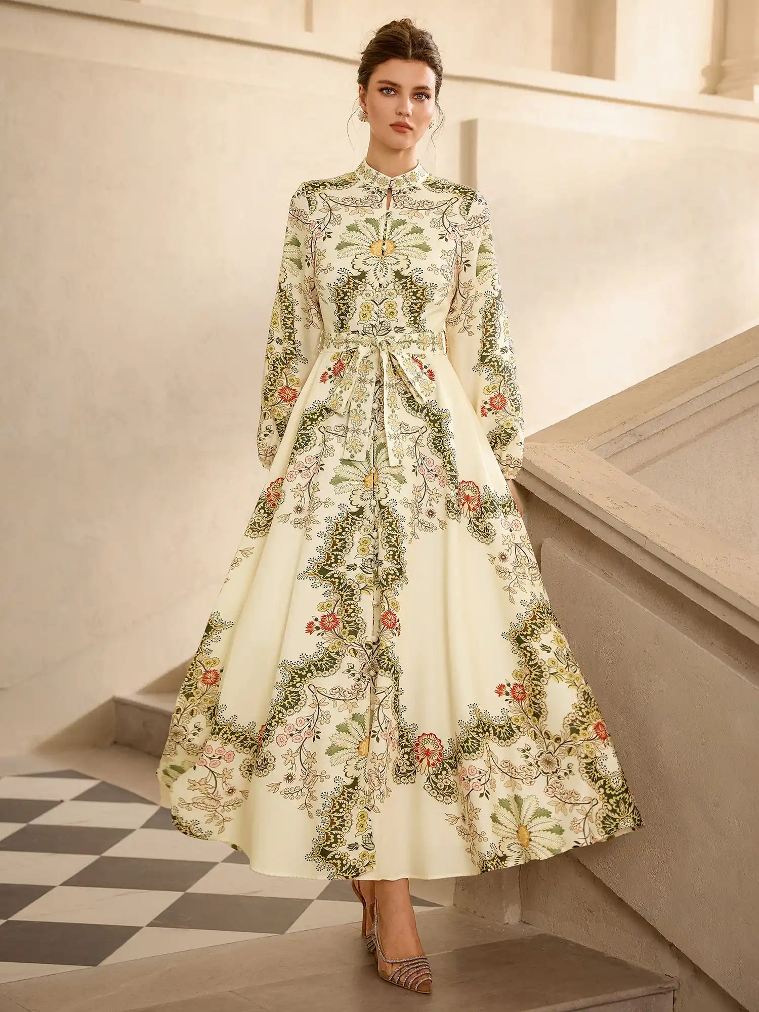 Vintage Floral Embroidered Midi Dress|NOOSGOP