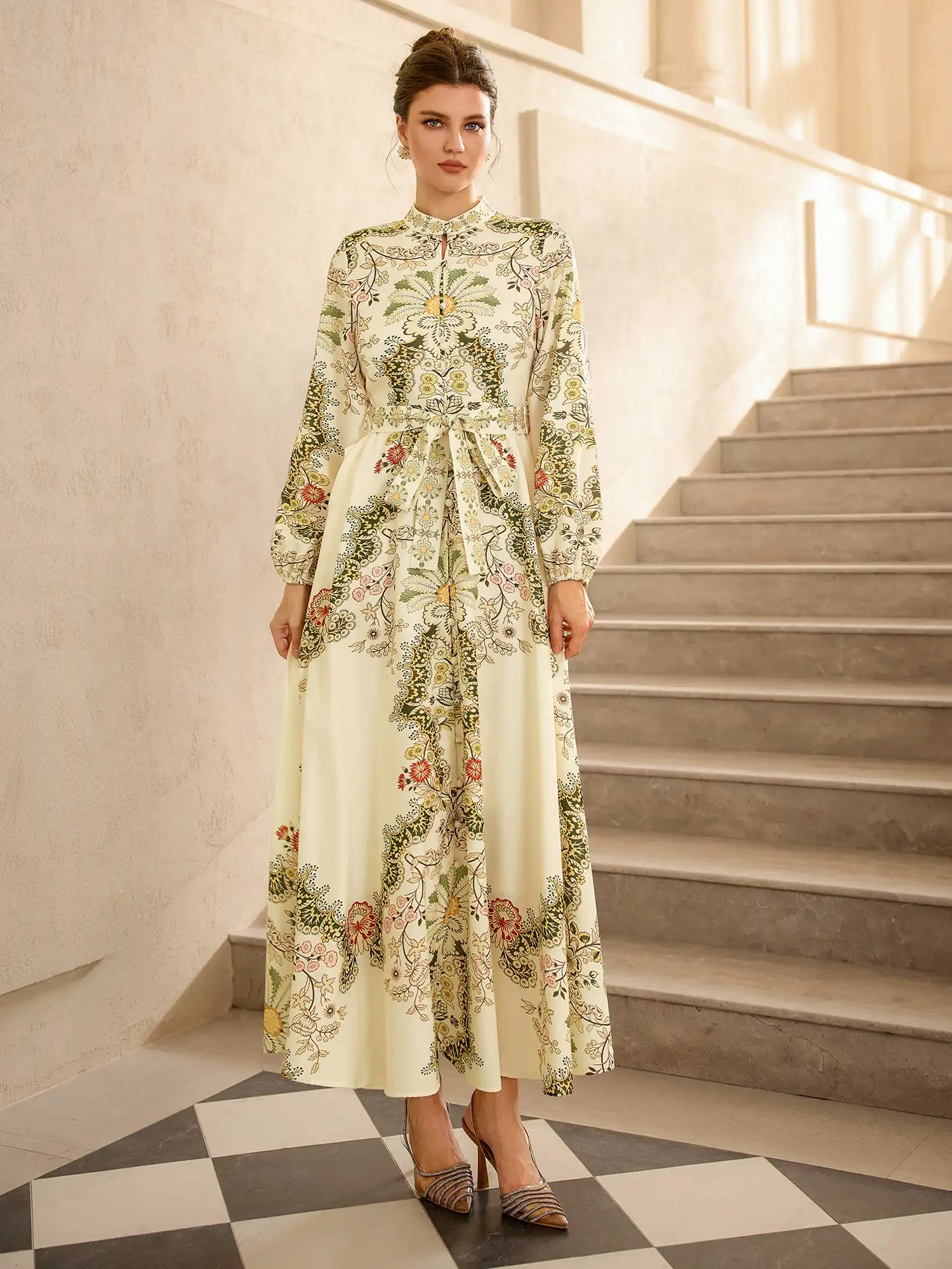 Vintage Floral Embroidered Midi Dress|NOOSGOP