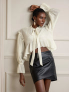 White Cropped Ruffle Ruched Tie-Up Top|NOOSGOP