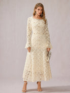 White Patchwork Square Neck Midi Dress|NOOSGOP