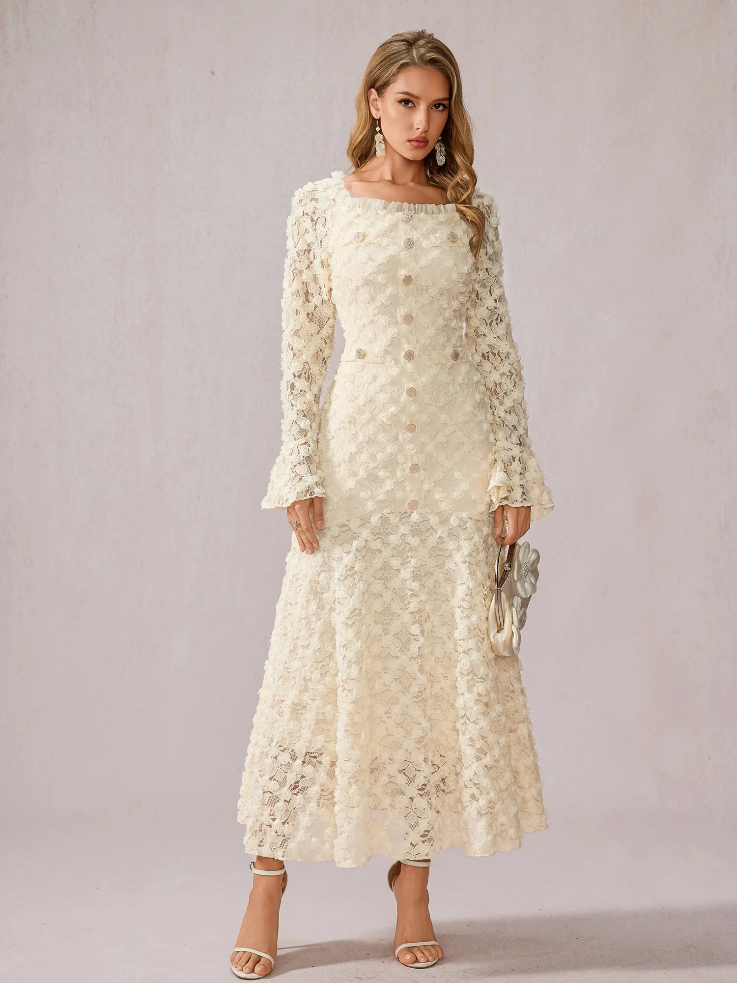 White Patchwork Square Neck Midi Dress|NOOSGOP