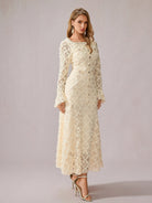 White Patchwork Square Neck Midi Dress|NOOSGOP