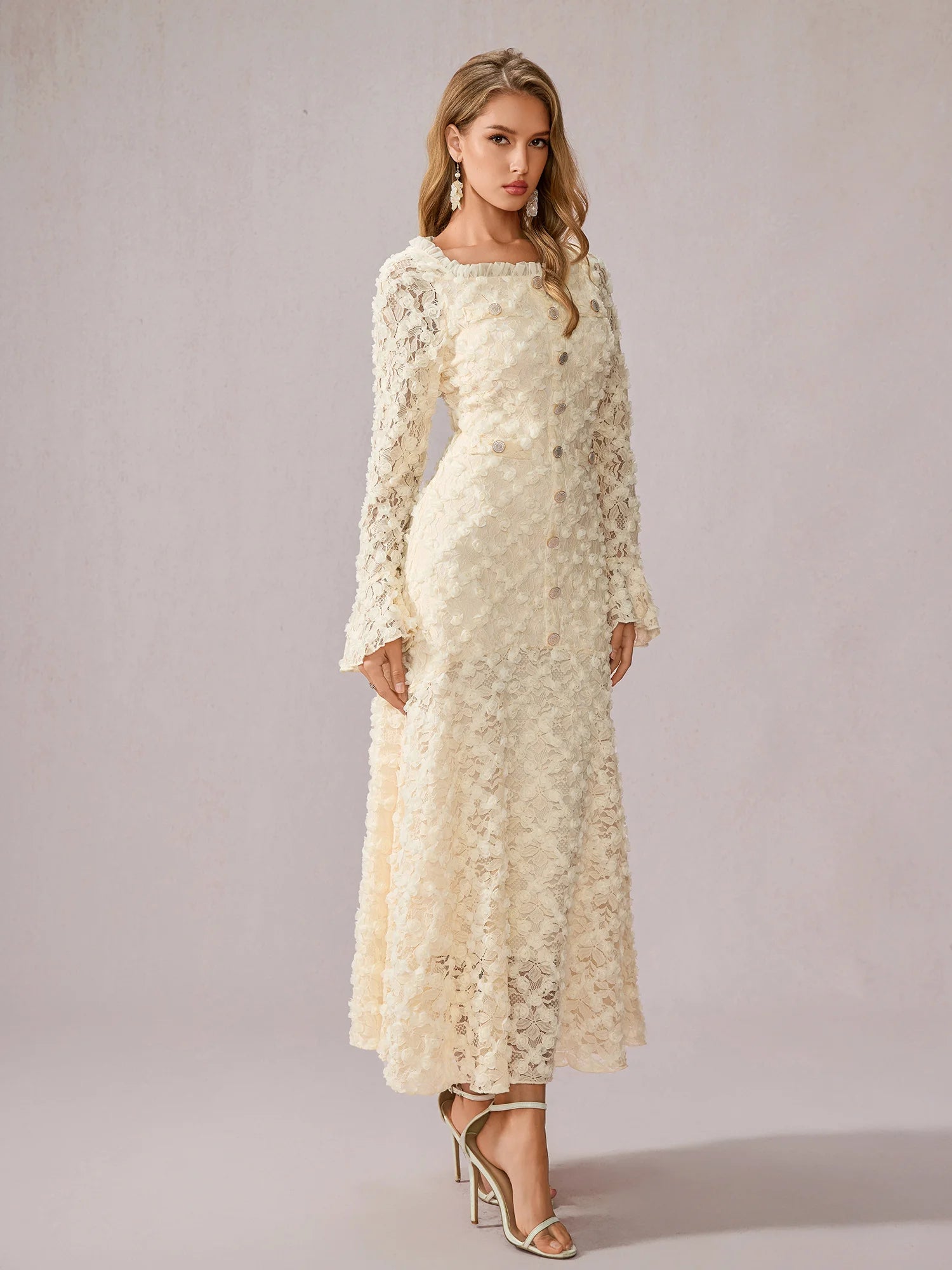 White Patchwork Square Neck Midi Dress|NOOSGOP