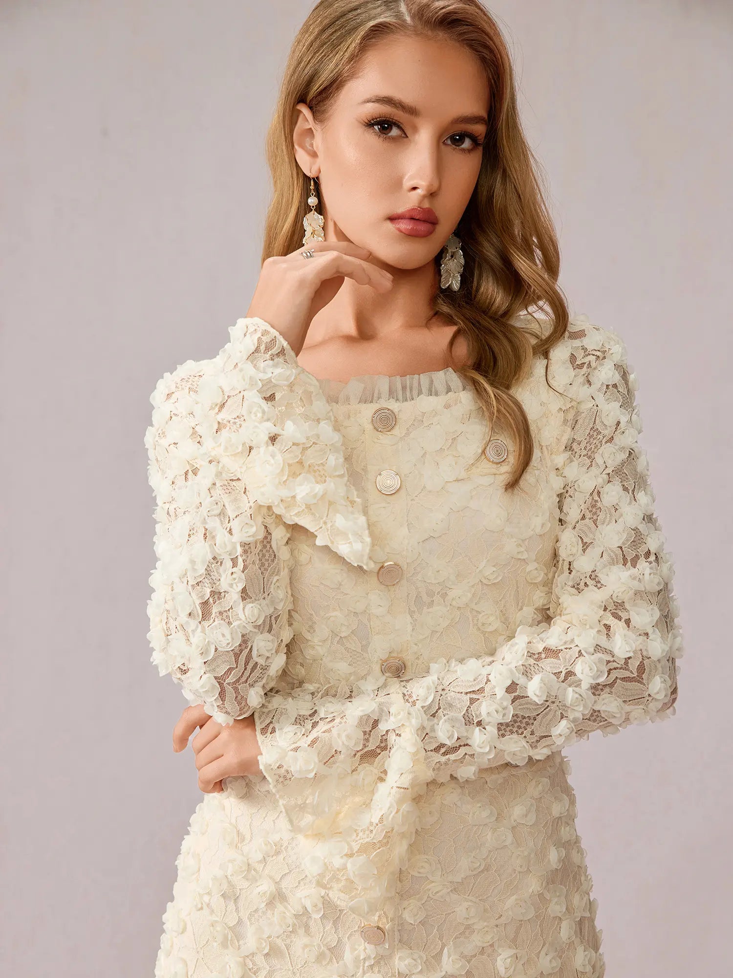 White Patchwork Square Neck Midi Dress|NOOSGOP