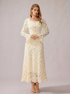 White Patchwork Square Neck Midi Dress|NOOSGOP